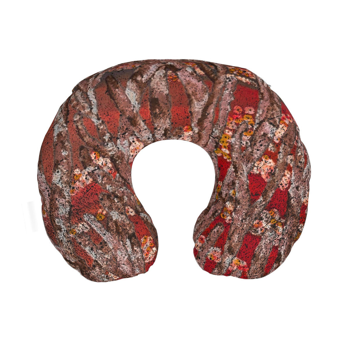 close-up of the floral camouflage print on a suede-like travel neck pillow 