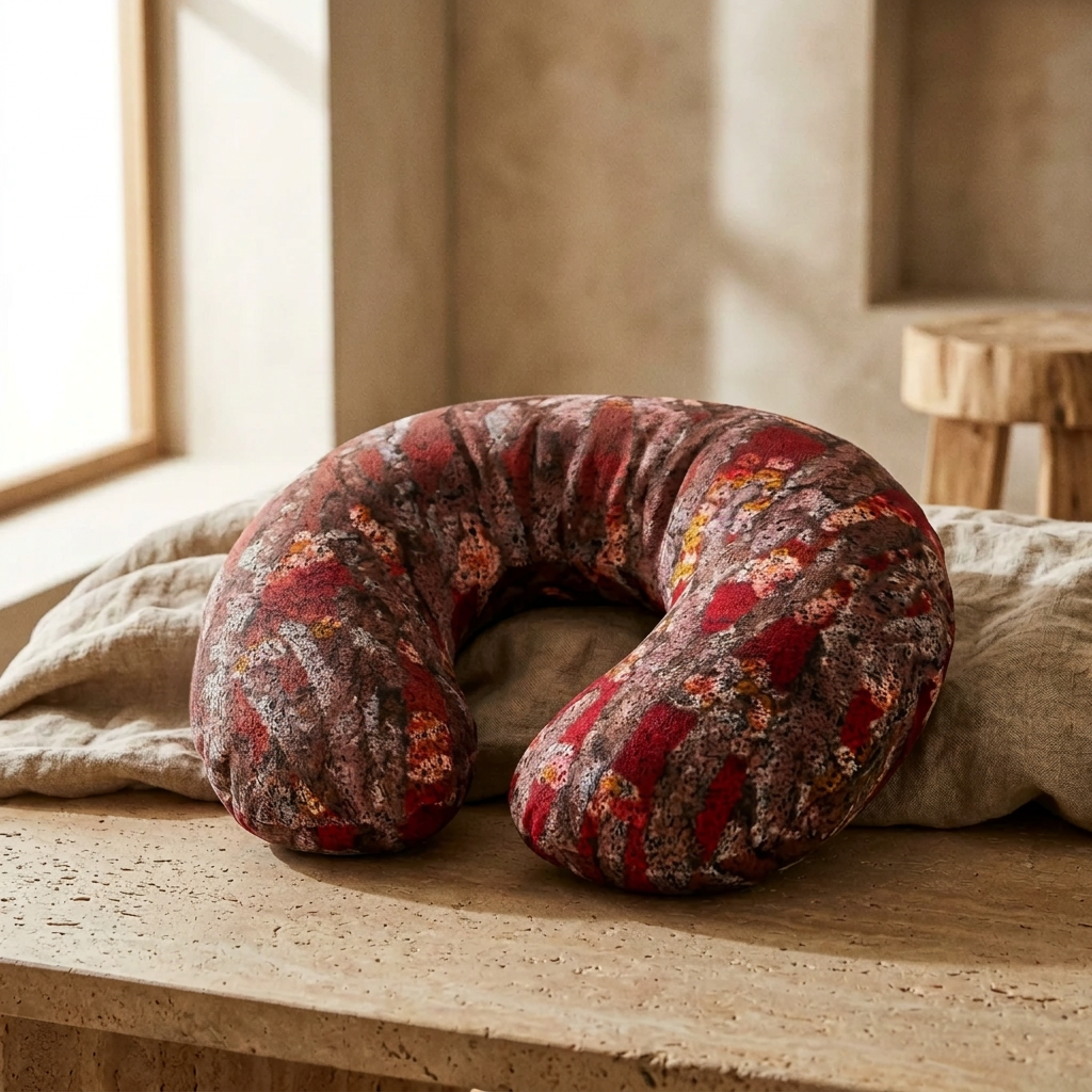 travel neck pillow with a distressed floral pattern in red, brown, and beige