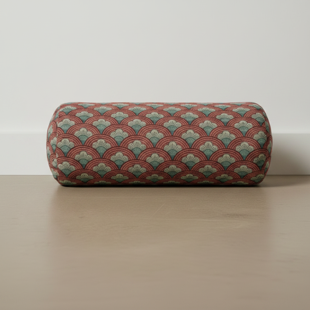Decorative faux suede cylindrical bolster pillow with a floral pattern on a wooden surface