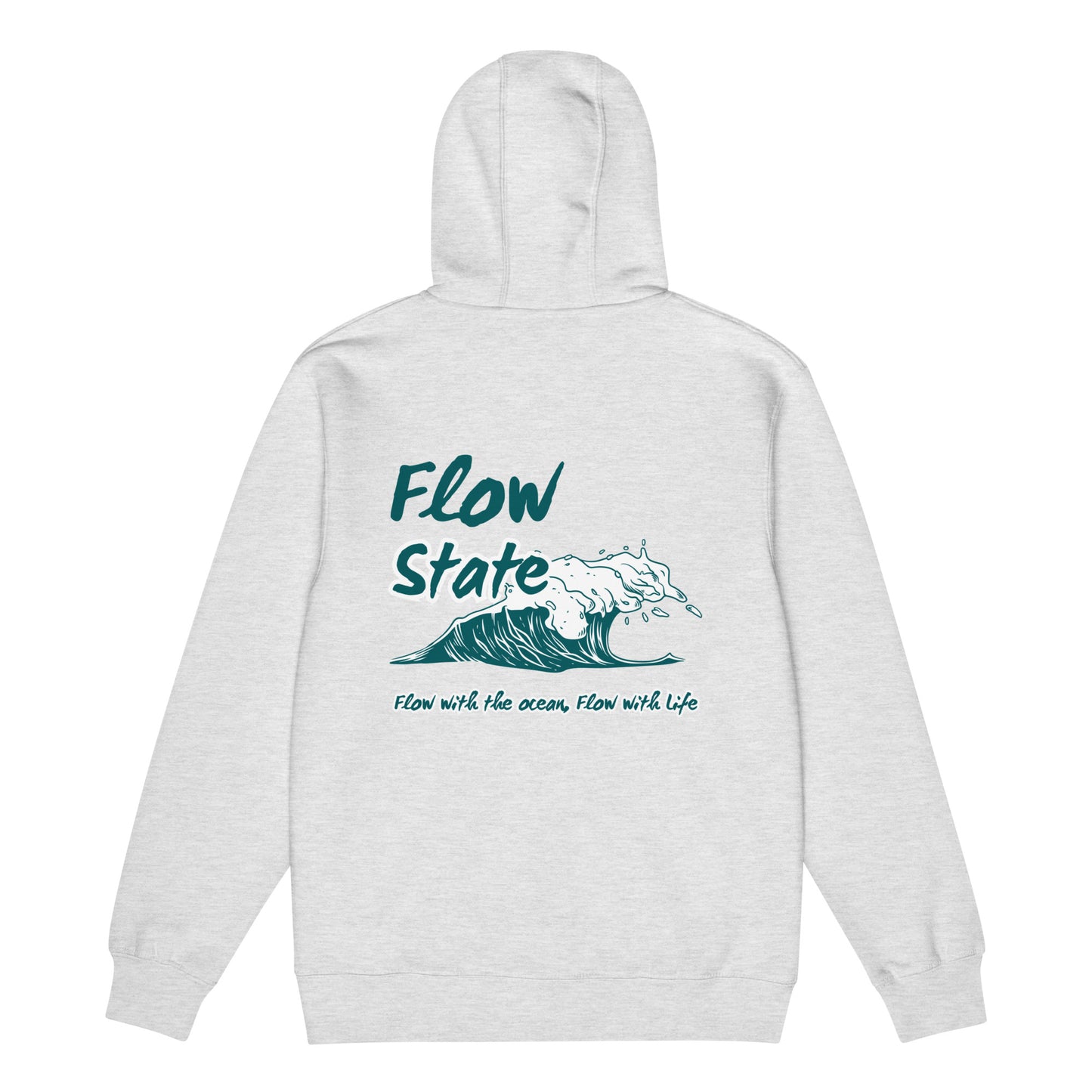 back view of neutral hoodie laid flat with Flow State graphic and text
