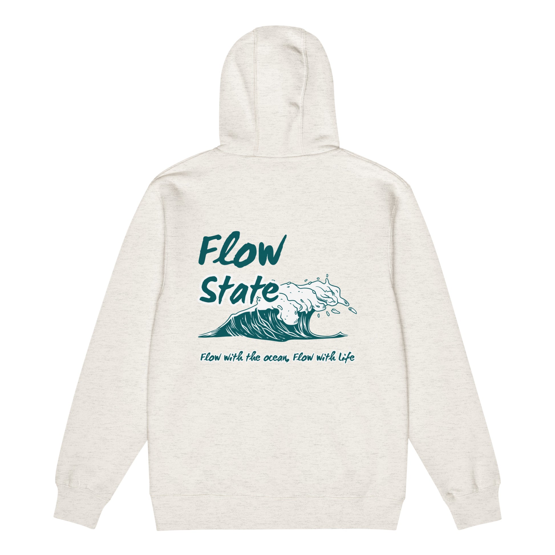 back view of flow state text detail on hoodie 