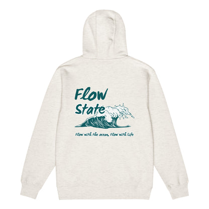 back view of flow state text detail on hoodie 