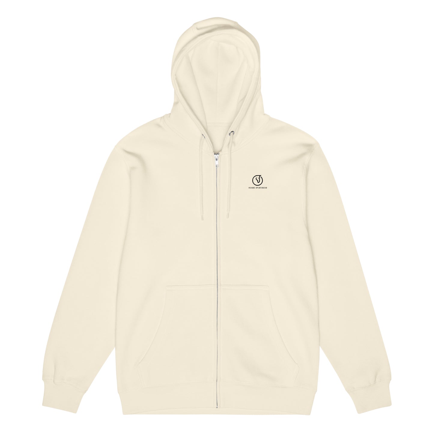 front view of relaxed fit full-zip hoodie with logo