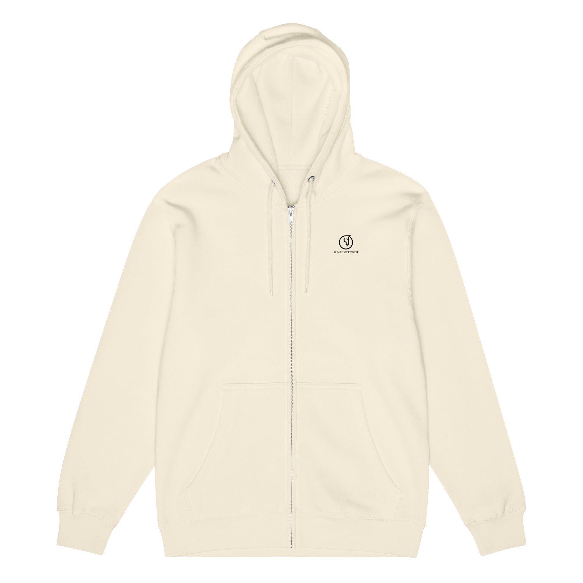 front view of relaxed fit full-zip hoodie with logo