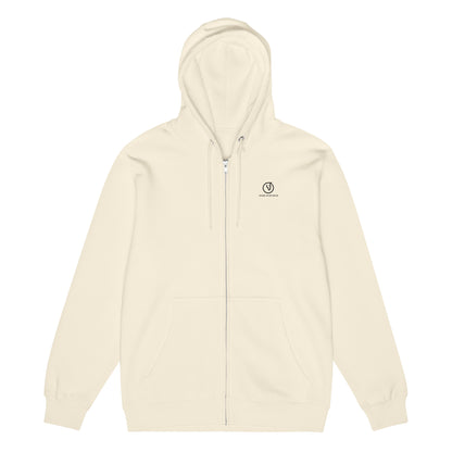 front view of relaxed fit full-zip hoodie with logo