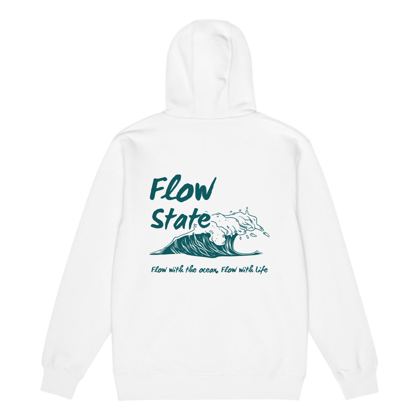 back view of flow state text detail on white hoodie 
