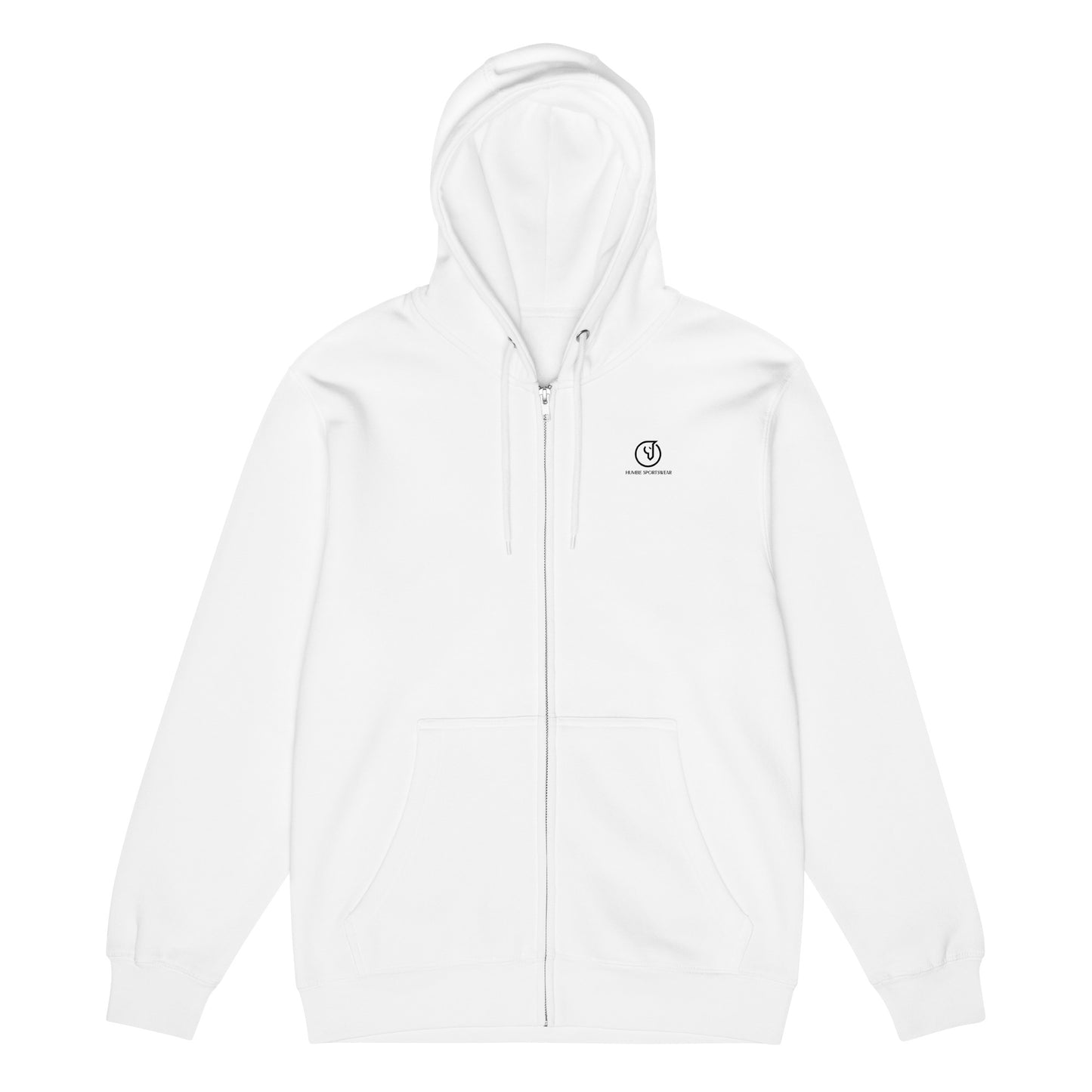 premium full-zip white hoodie with logo