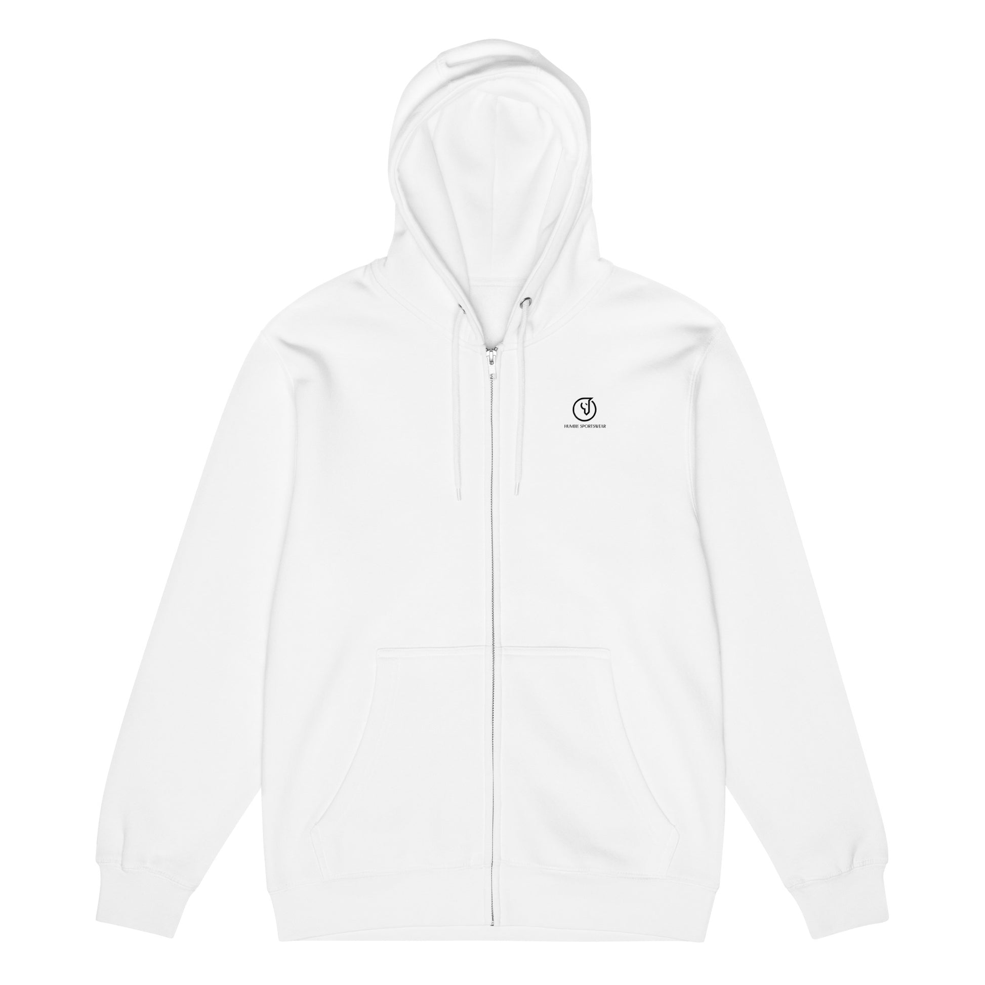 premium full-zip white hoodie with logo