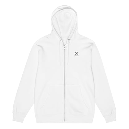 premium full-zip white hoodie with logo