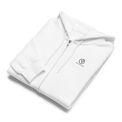 folded close-up view of white premium full-zip hoodie with text and logo
