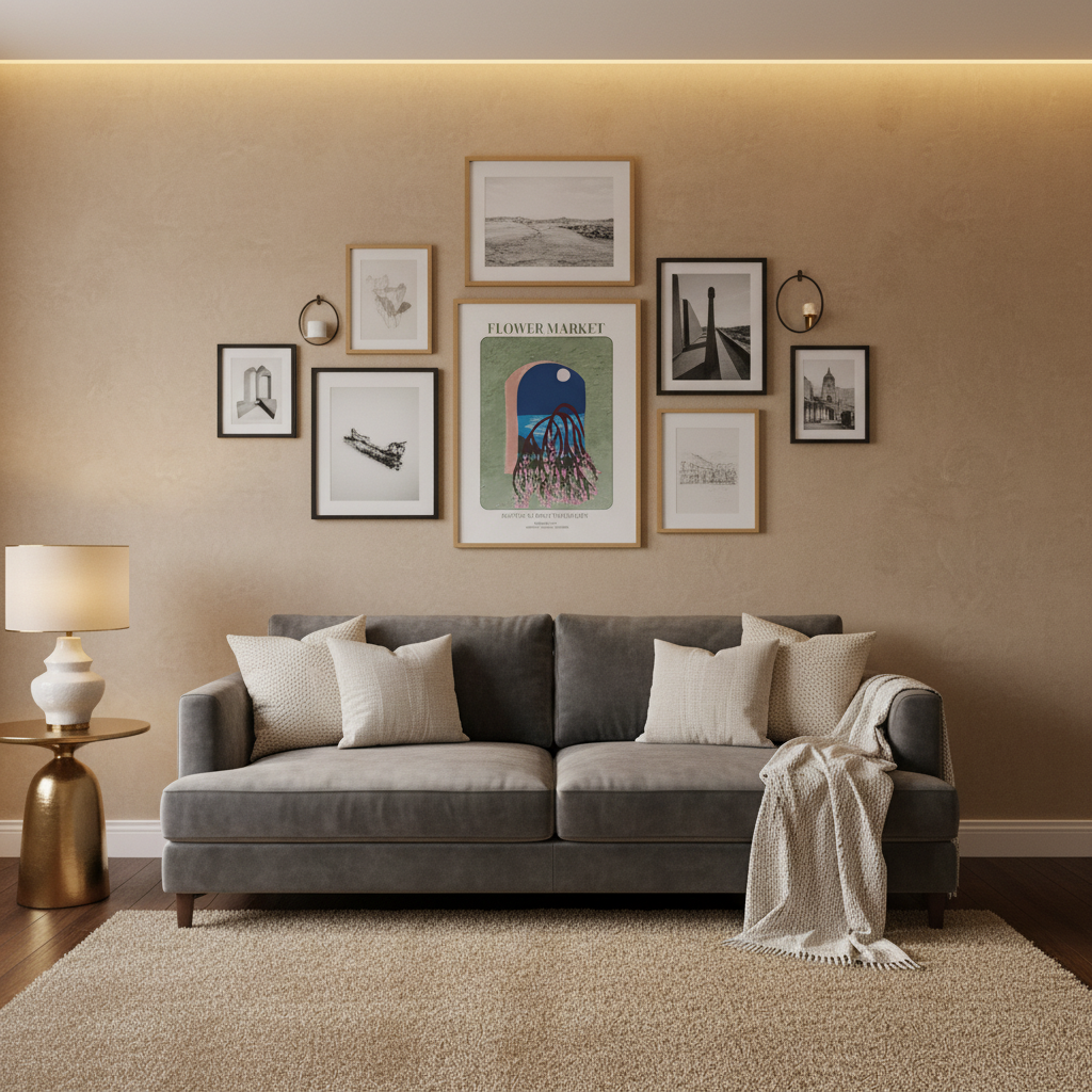 living room with gallery wall and flower market poster centered floral illustration