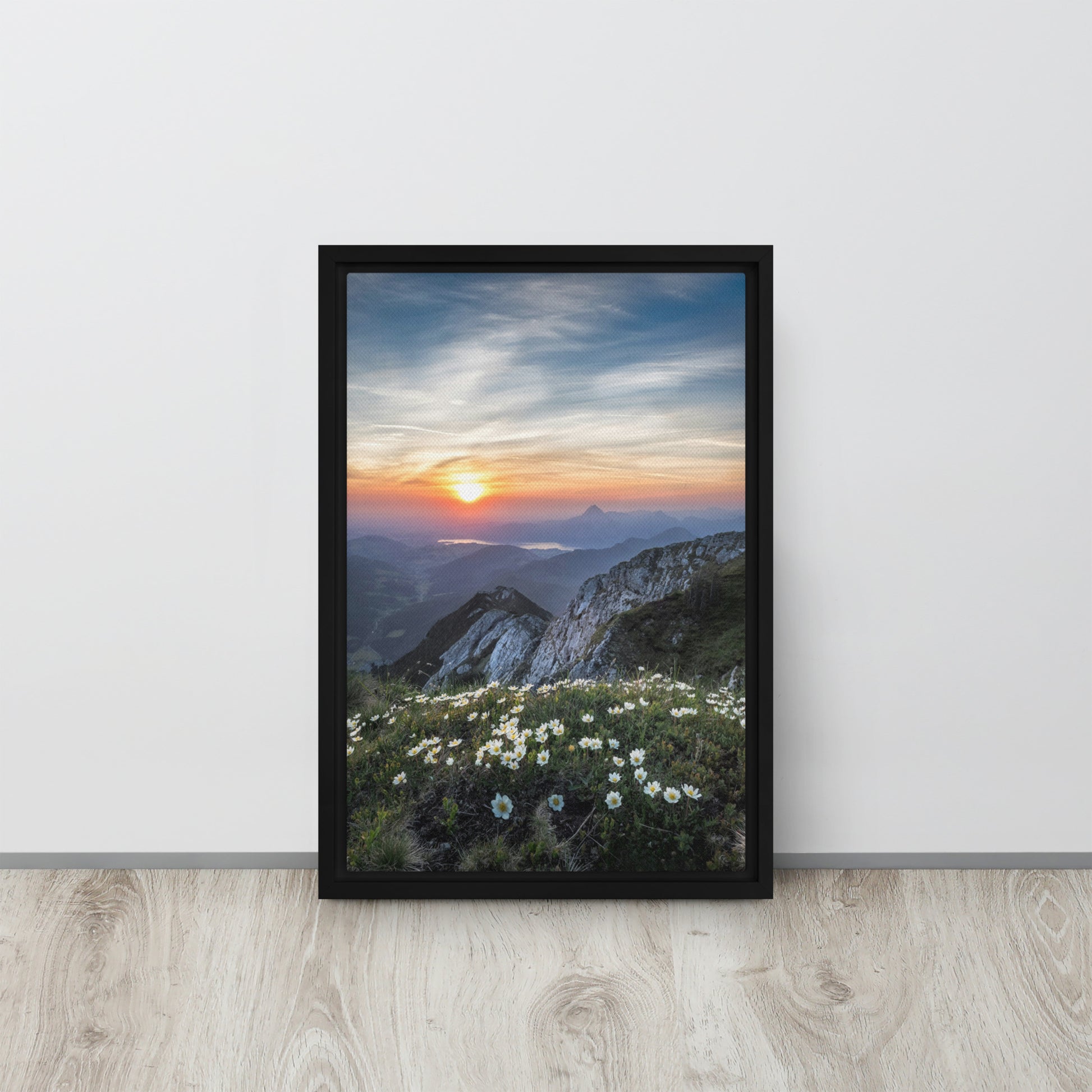 mountain wildflower art on black floater frame 