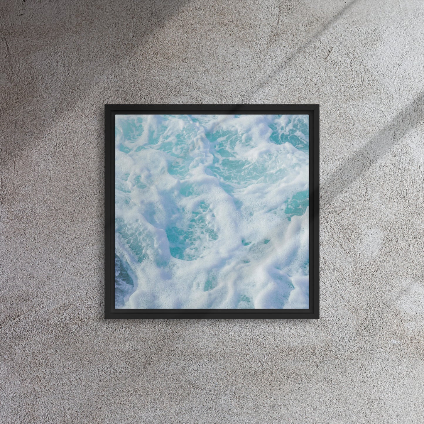 blue beach sea foam canvas print wall art black floater frame