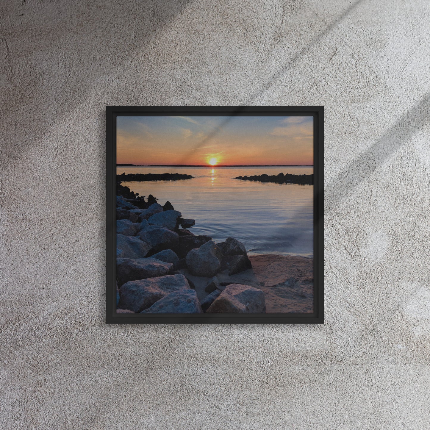 rocky beach black framed canvas print artwork