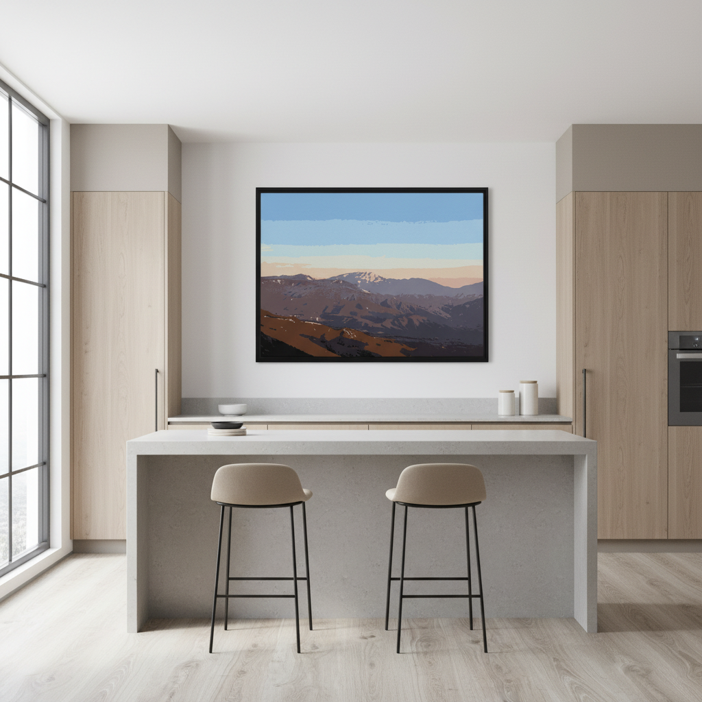 Modern kitchen with a modern pastel mountain sunset canvas wall decor on the wall