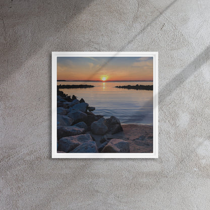 rocky beach white framed canvas print artwork