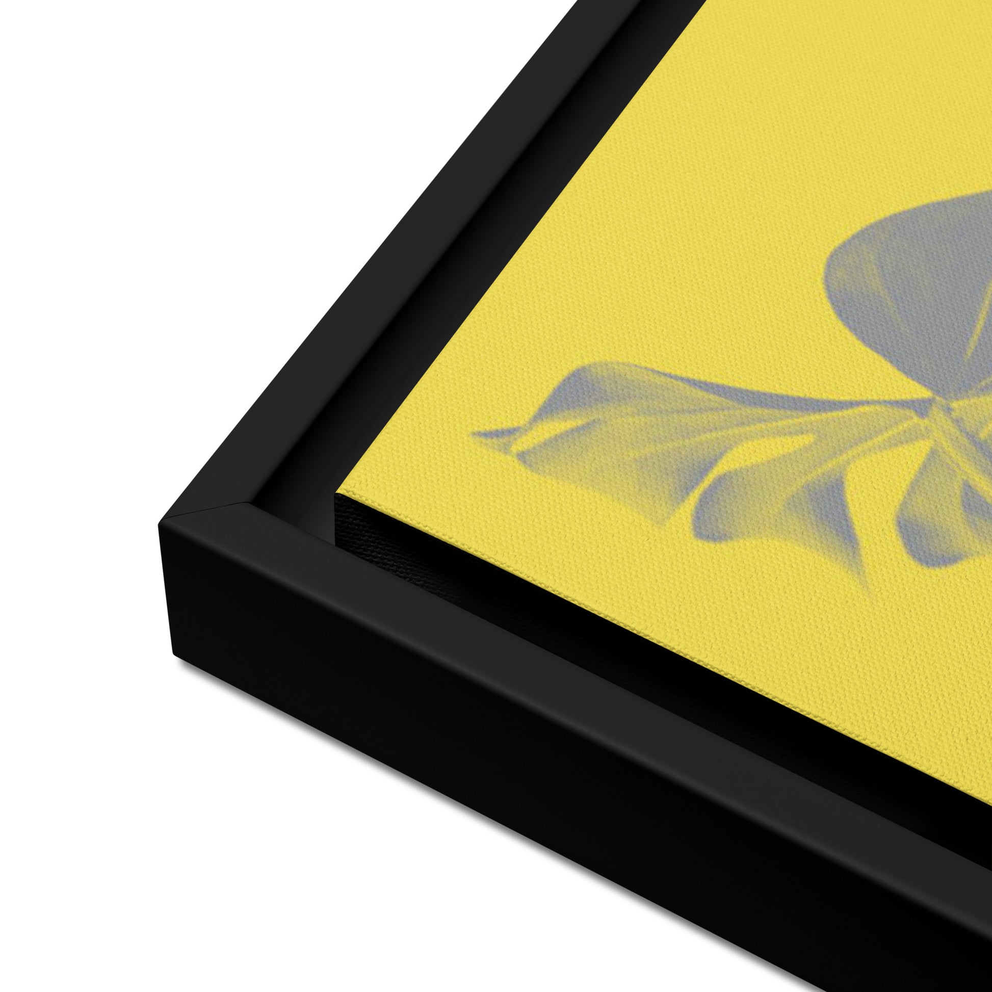 yellow palm leaf canvas print artwork on black floater frame 