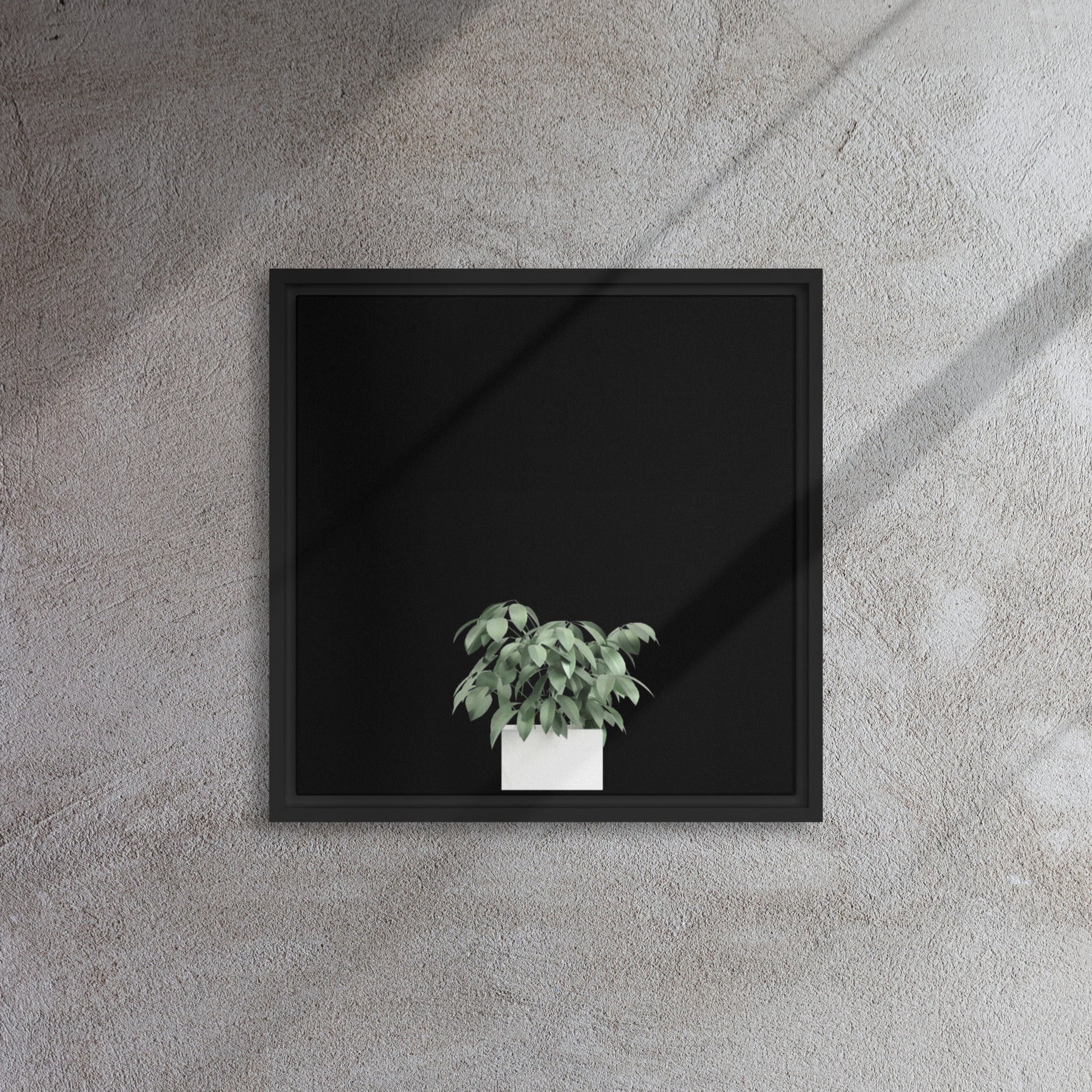 green potted plant canvas print artwork on black floater frame