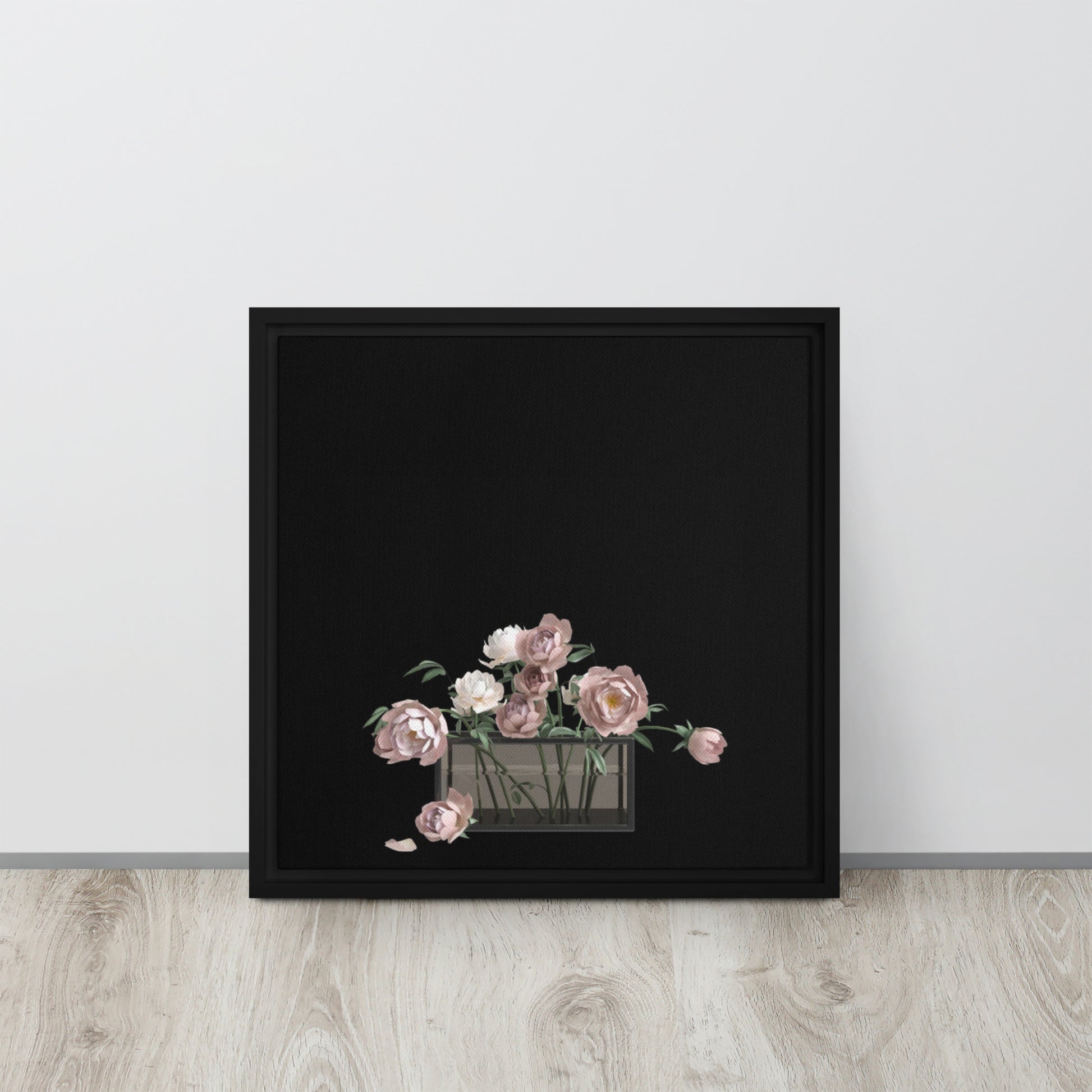 pink peonies canvas print wall art on black floater frame