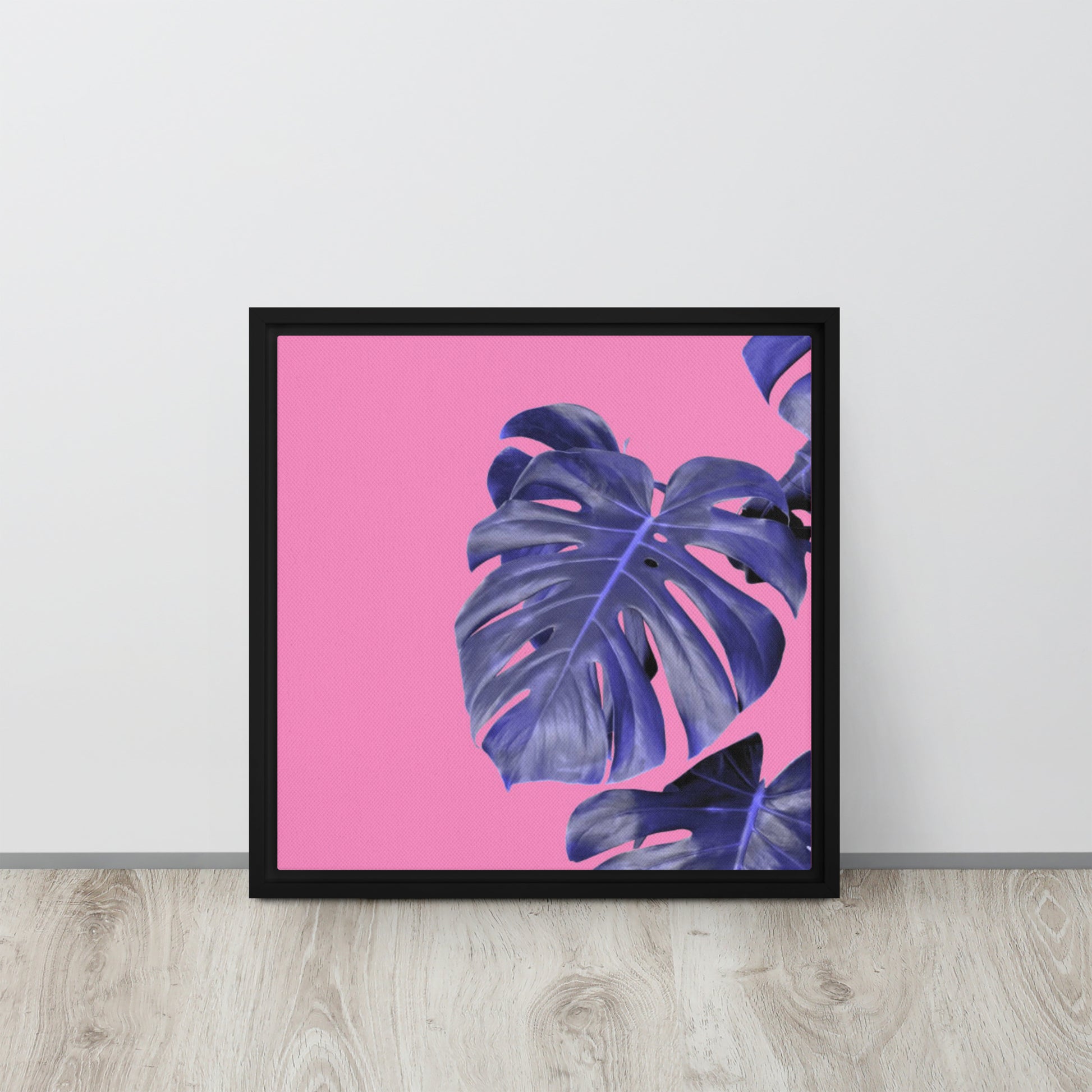 blue palm leaf canvas print wall art black floater frame 