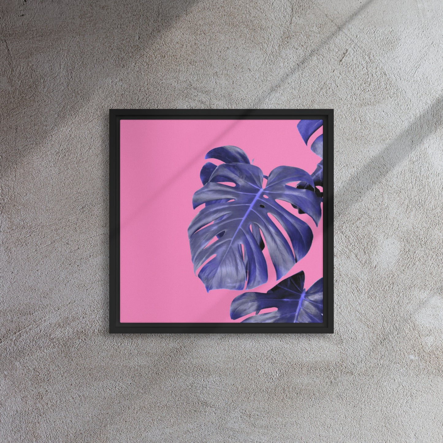 blue palm leaf canvas print wall art black floater frame 