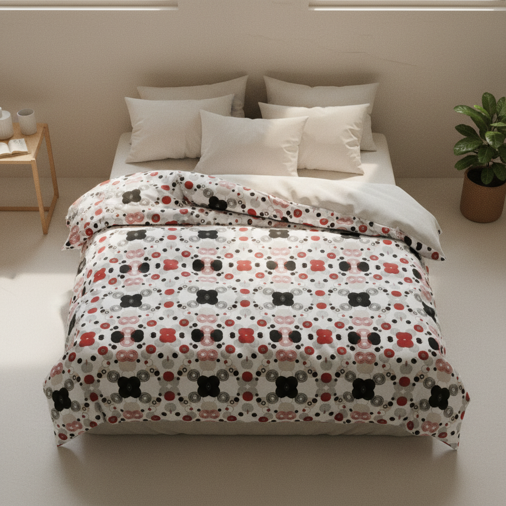 modern black and white geometric bedding in a gallery-style bedroom