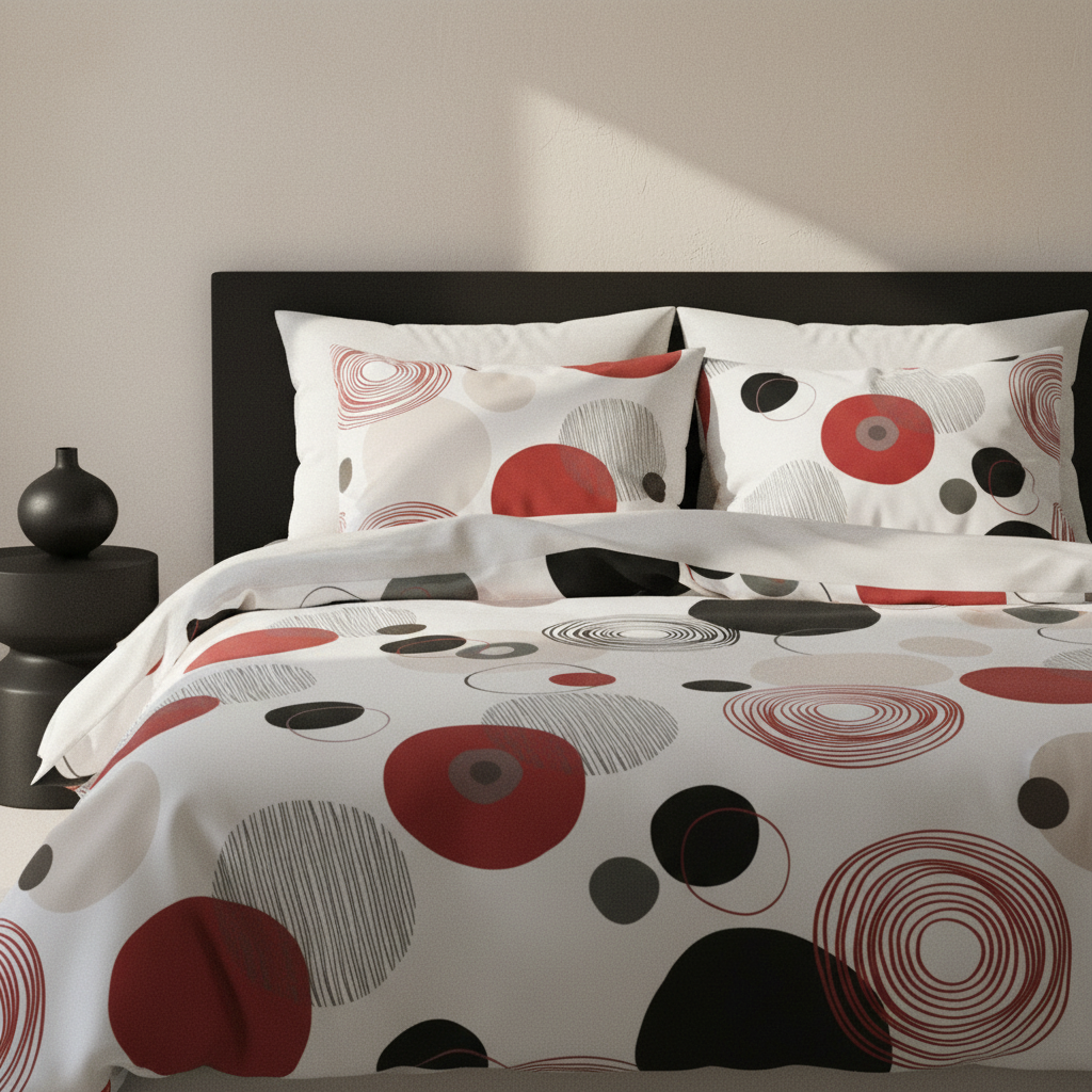 contemporary bedroom styling with an orbit motif bedspread 