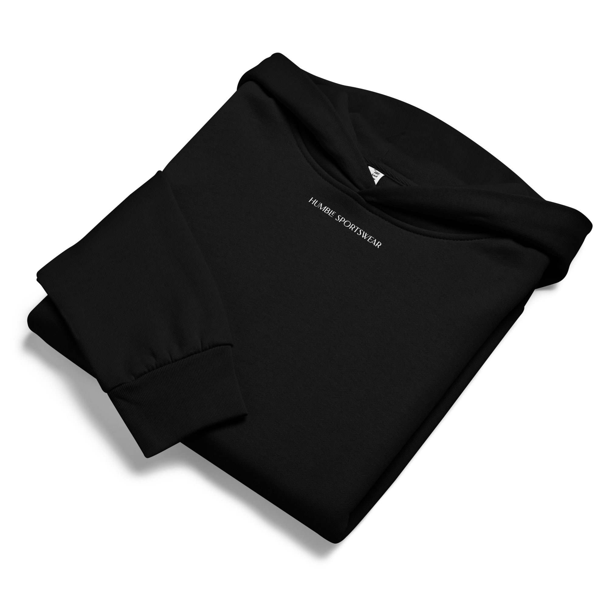 folded view of minimalist streetwear hoodie close-up with text 
