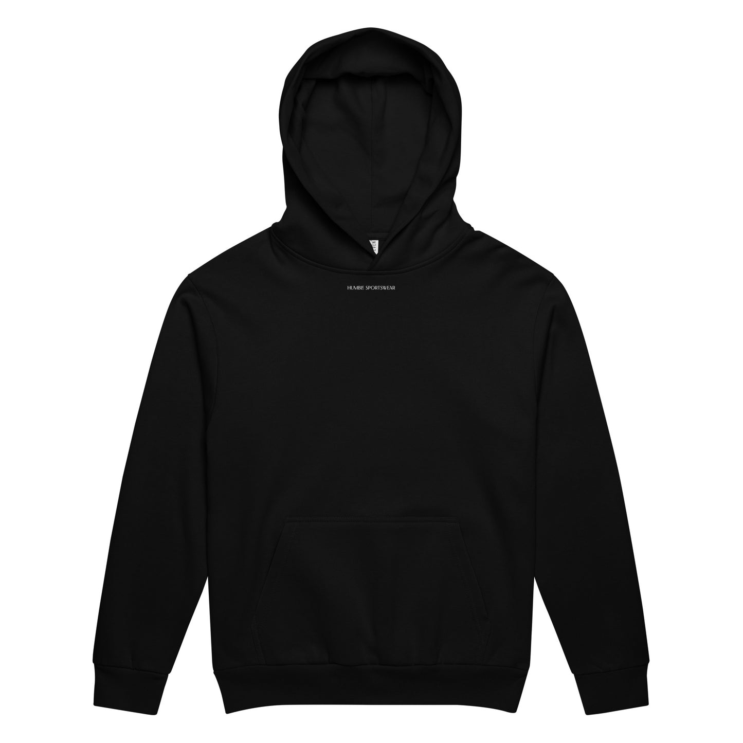 front view of relaxed fit urban graphic hoodie flat lay black