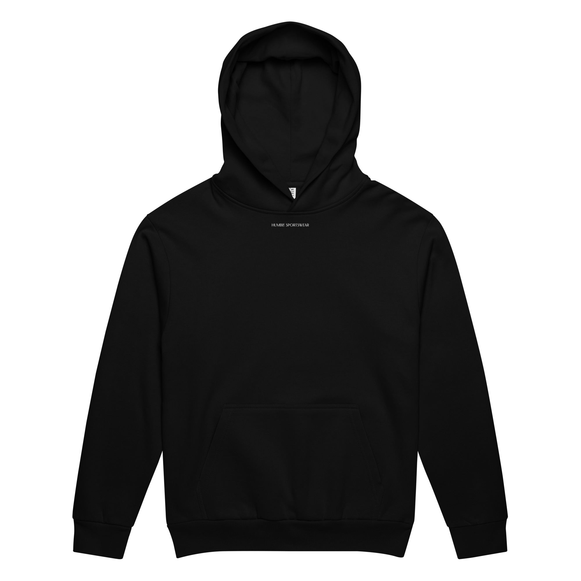 front view of relaxed fit urban graphic hoodie flat lay black