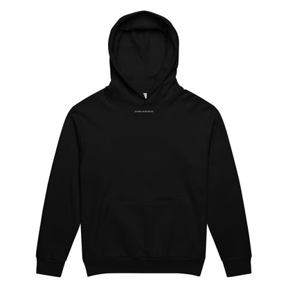 front view of relaxed fit urban graphic hoodie flat lay black