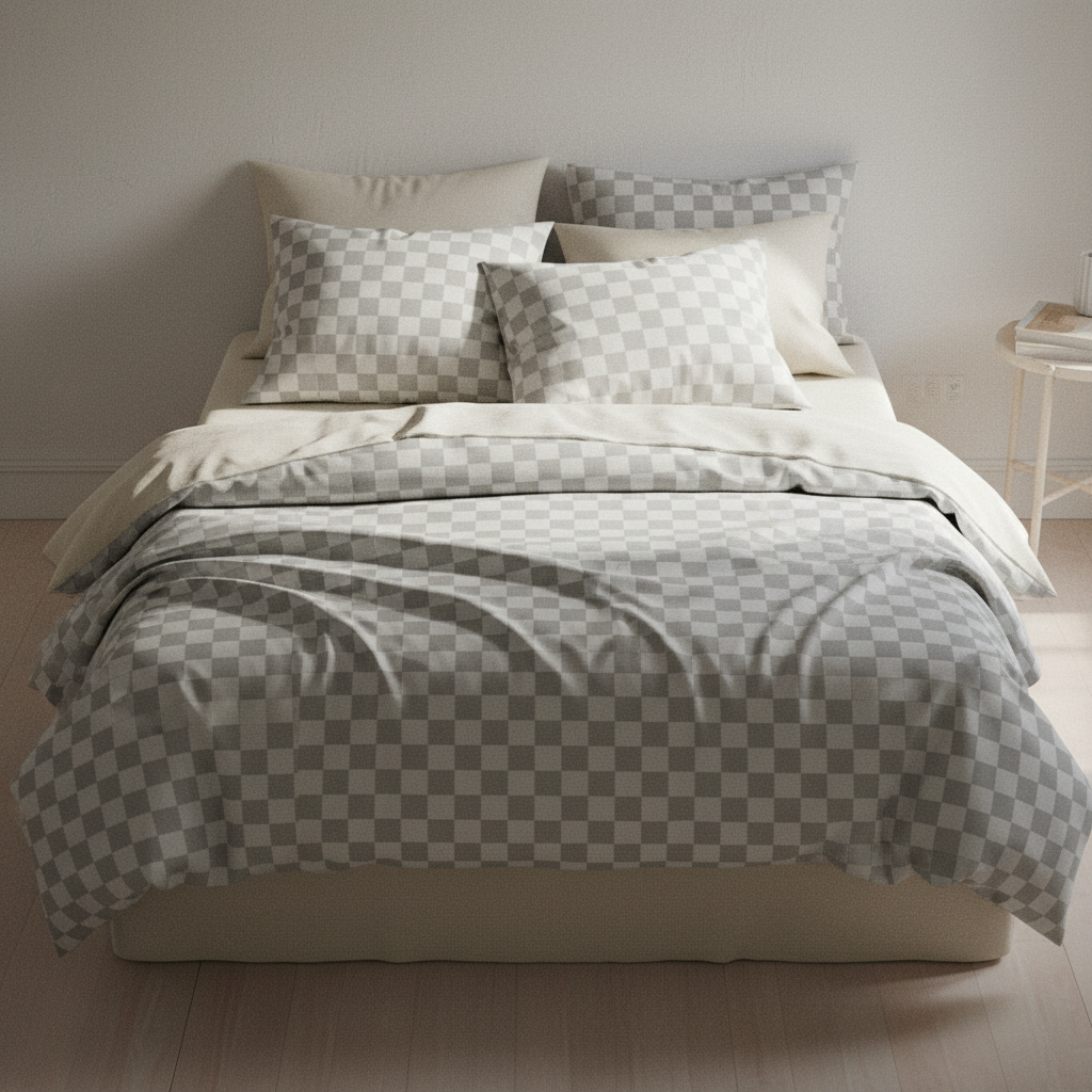 grey checkerboard duvet cover on a minimalist bed set up