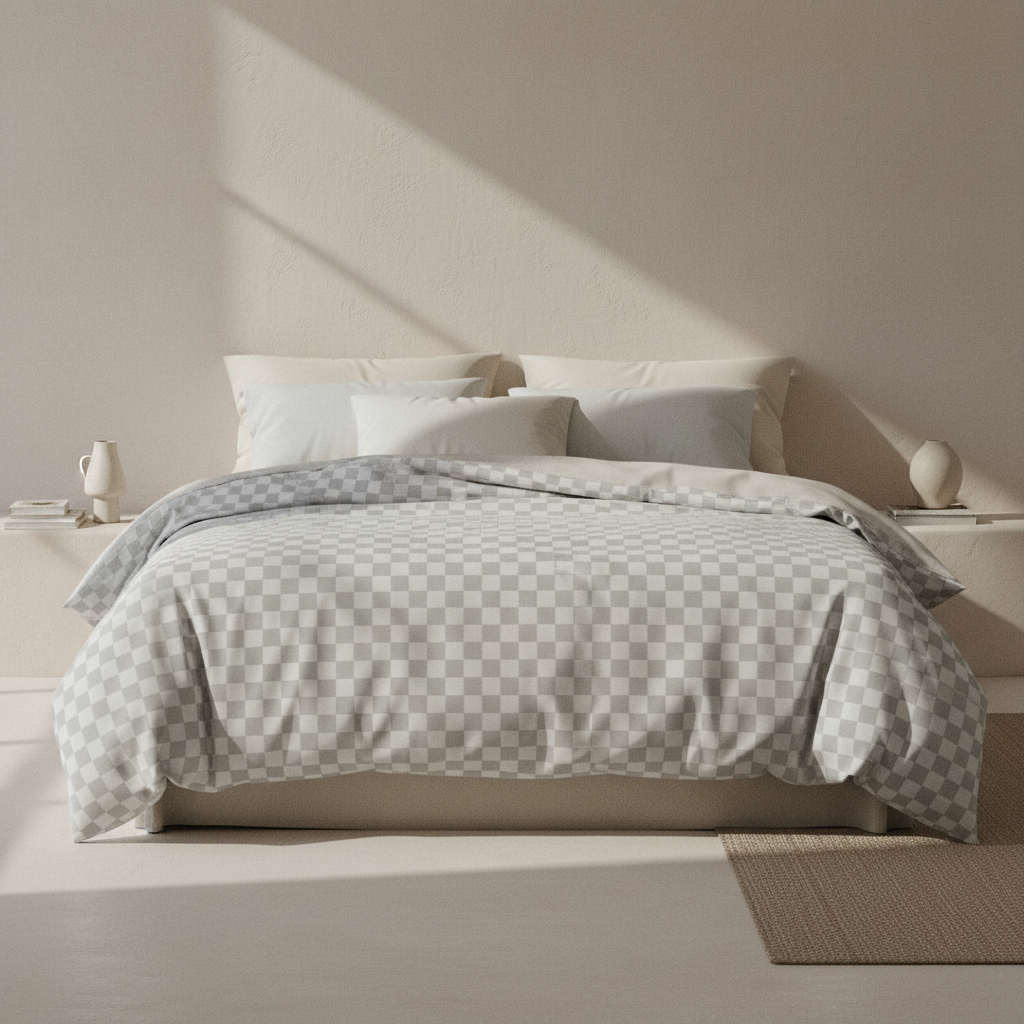 neutral grey checkerboard bedding in a bright airy bedroom