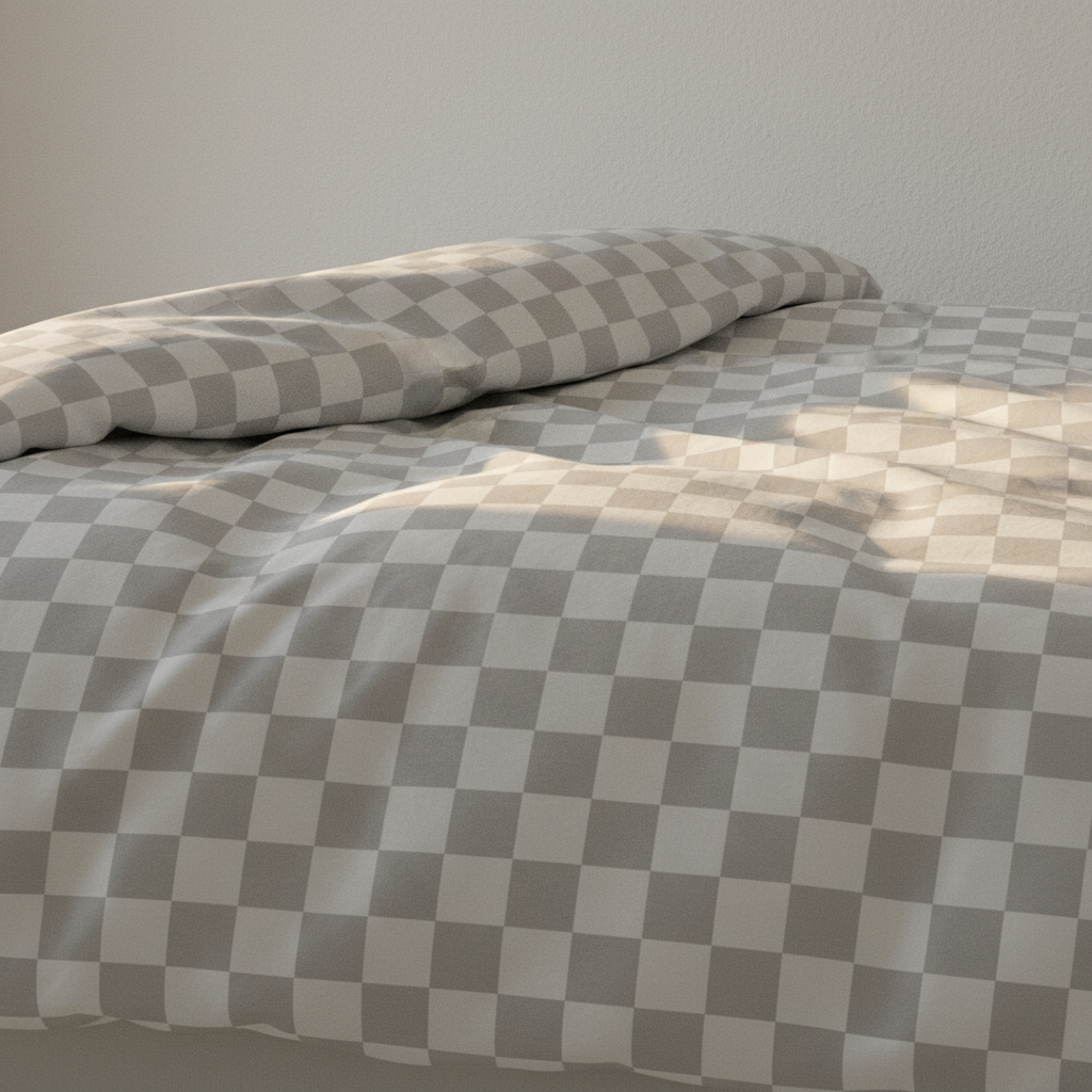 close up of the grey and white grid pattern on soft bedding 