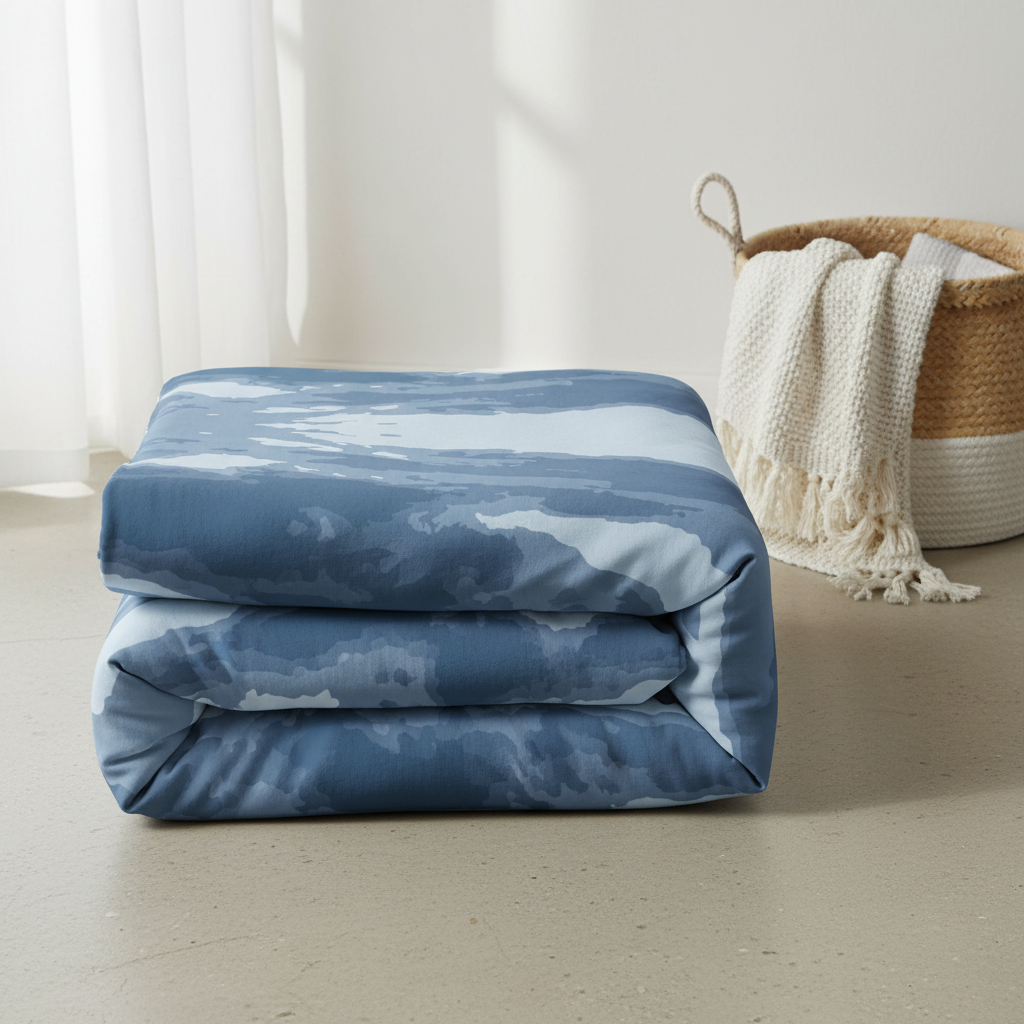 folded blue abstract duvet cover in an airy modern room