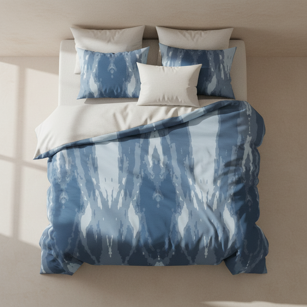 neutral inspired bedroom with indigo abstract bedding