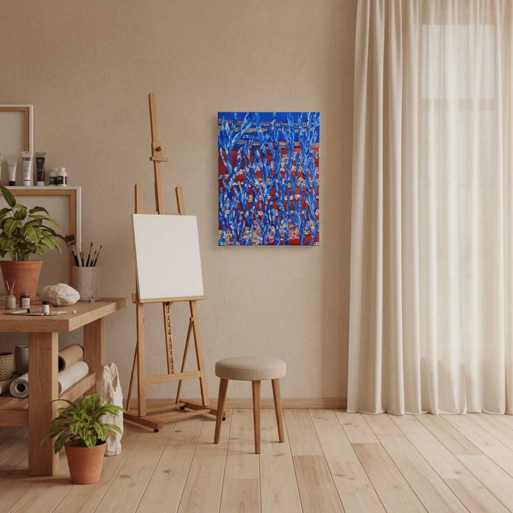 Art studio with contemporary abstract wall art with expressive movement