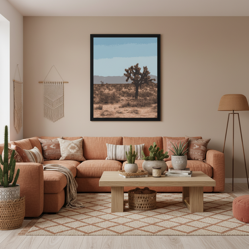 Cozy living room with a brown sectional sofa, wooden coffee table, and joshua tree desert-themed wall art.