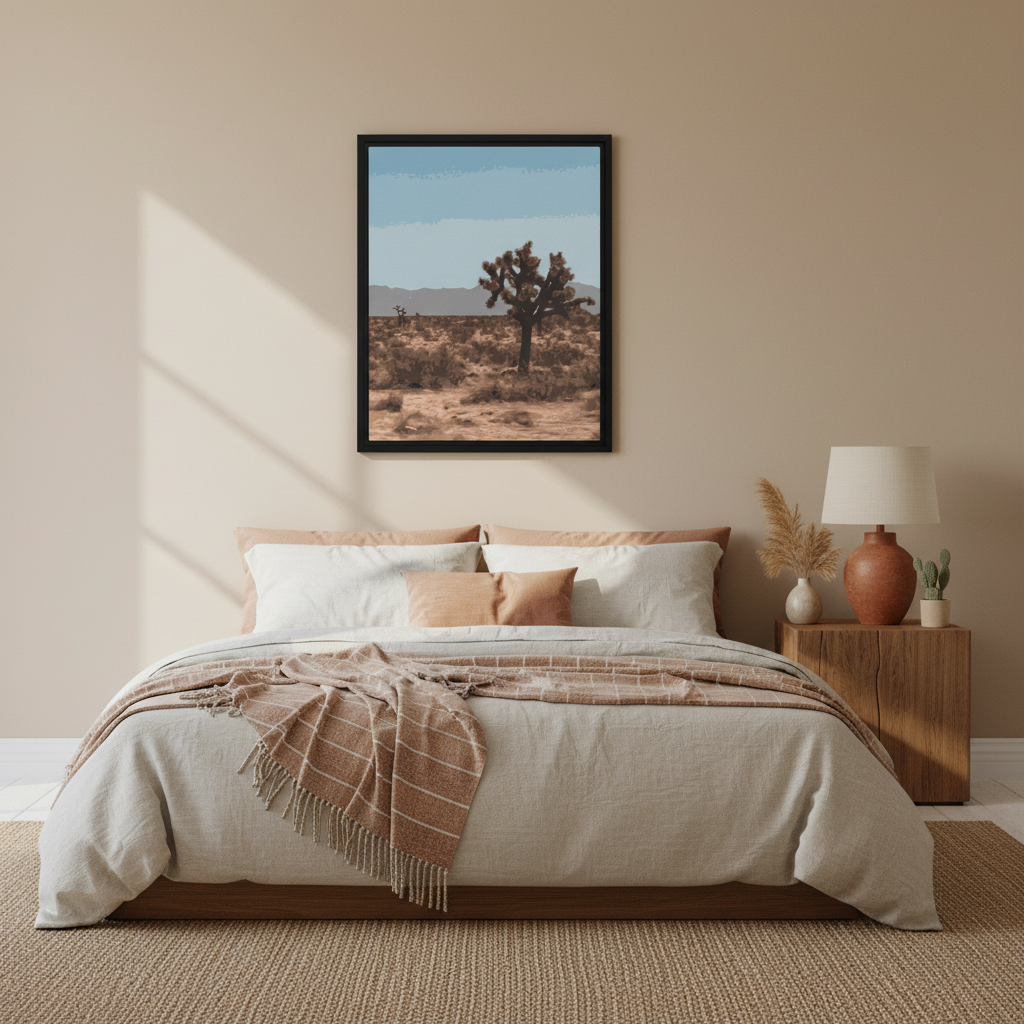 Bedroom with a large bed, nightstand, and wall art of a joshua tree desert landscape