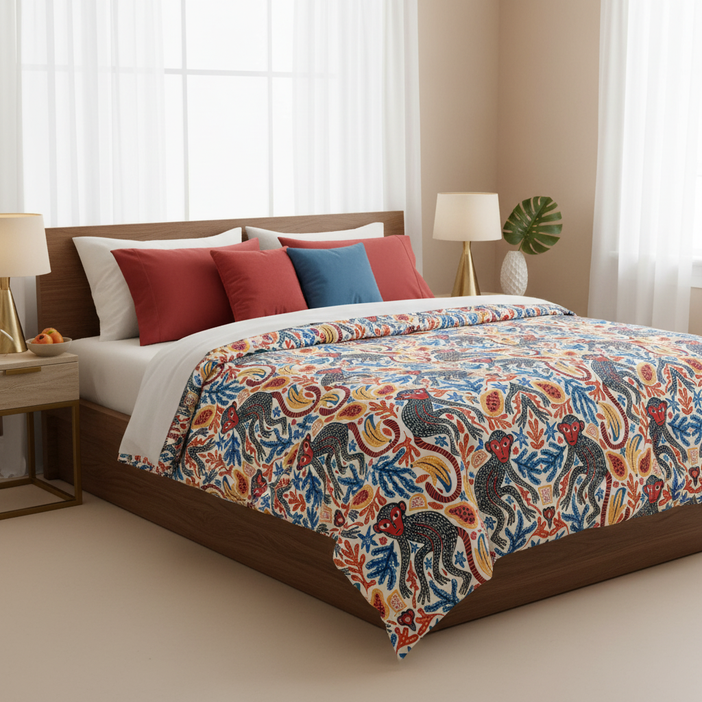 Bed with colorful jungle print patterned bedding in a bright bedroom.