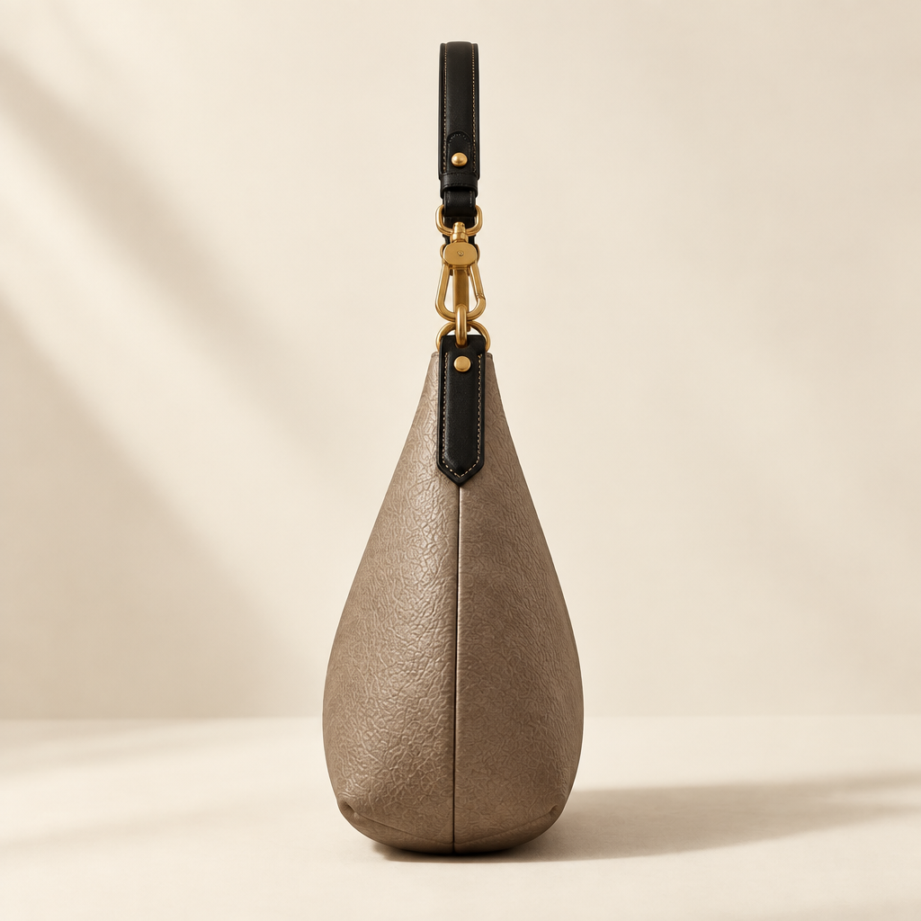 side view of mini curved leopard print nappa leather hobo bag in brown