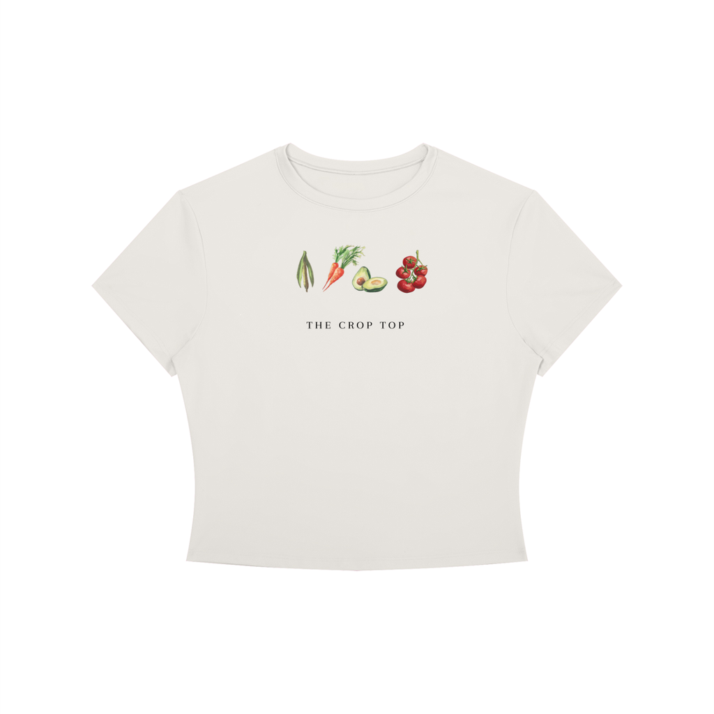 women’s bodycon fitted crop top with text and vegetable graphics