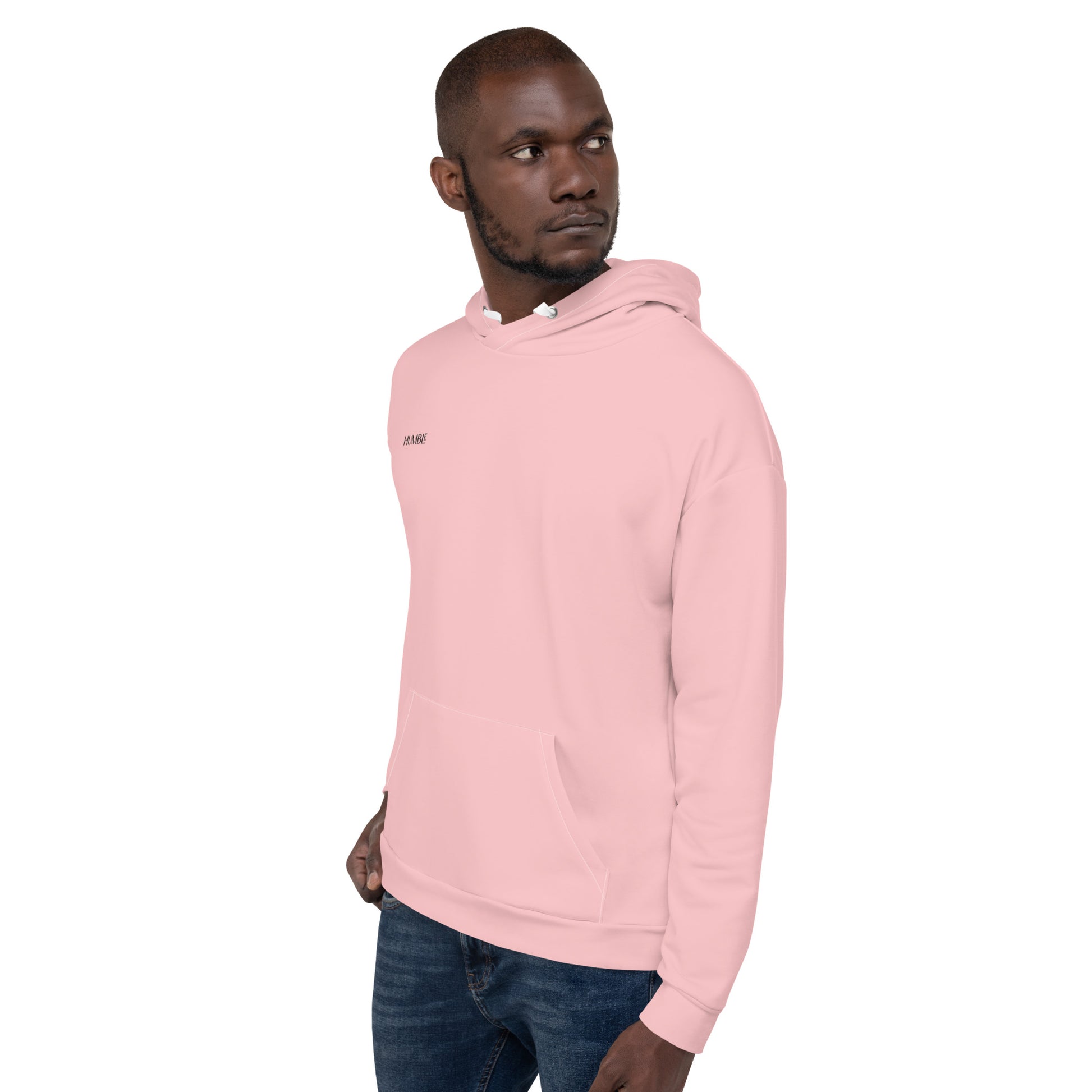 recycled all over print men's relaxed fit hoodie pink left