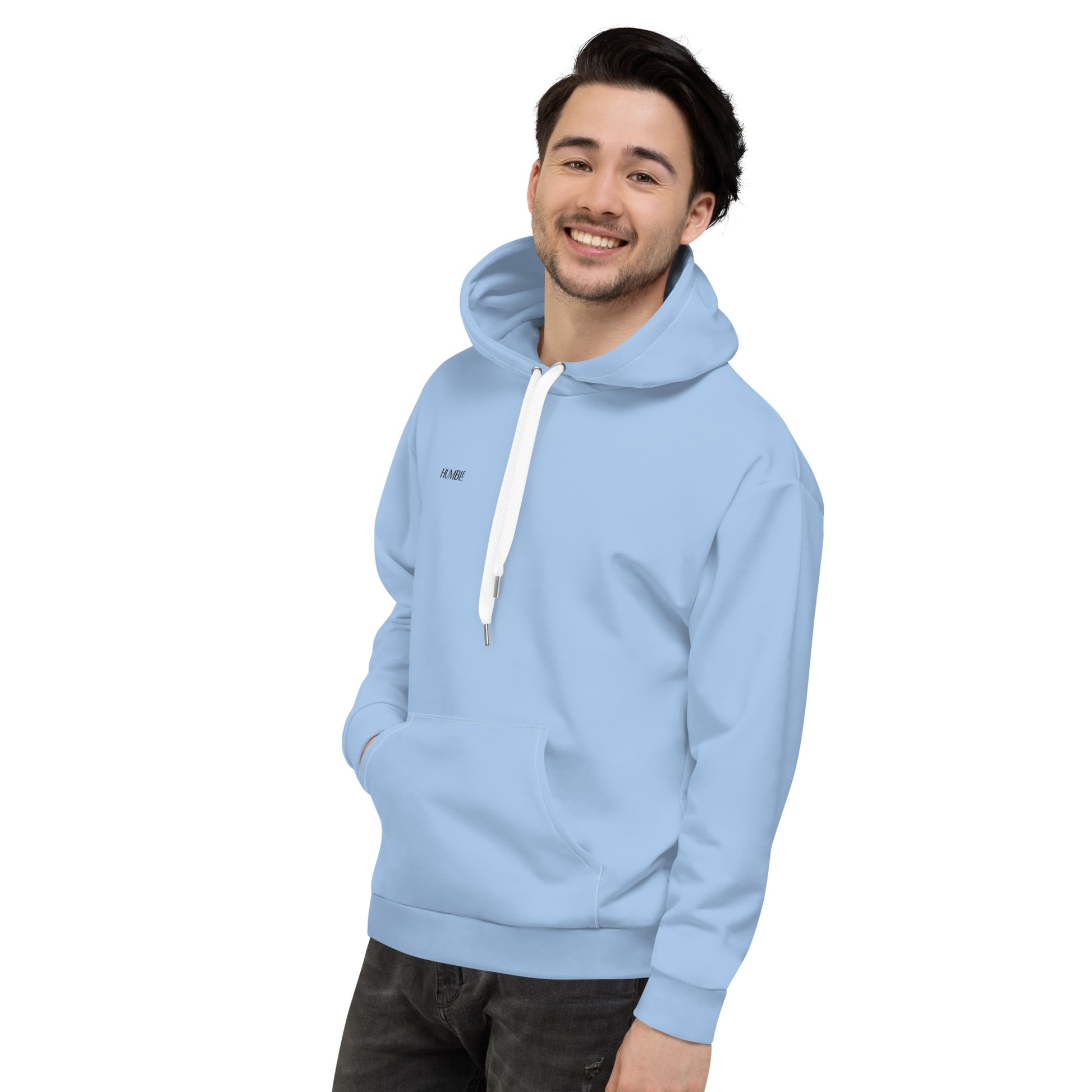 recycled all over print men's relaxed fit hoodie blue left