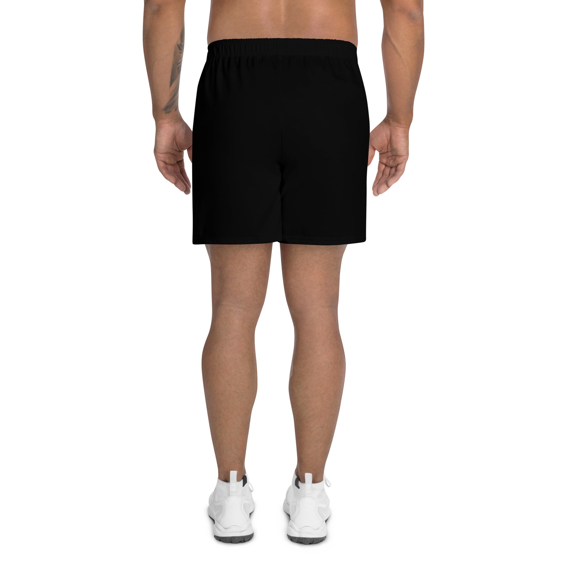 back view of breathable long gym shorts in black