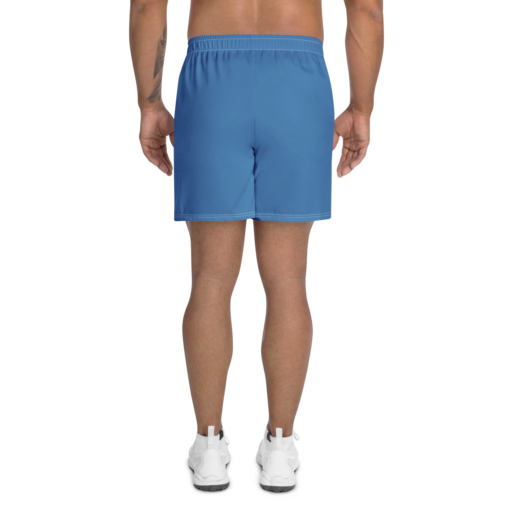 men's blue long running shorts back view