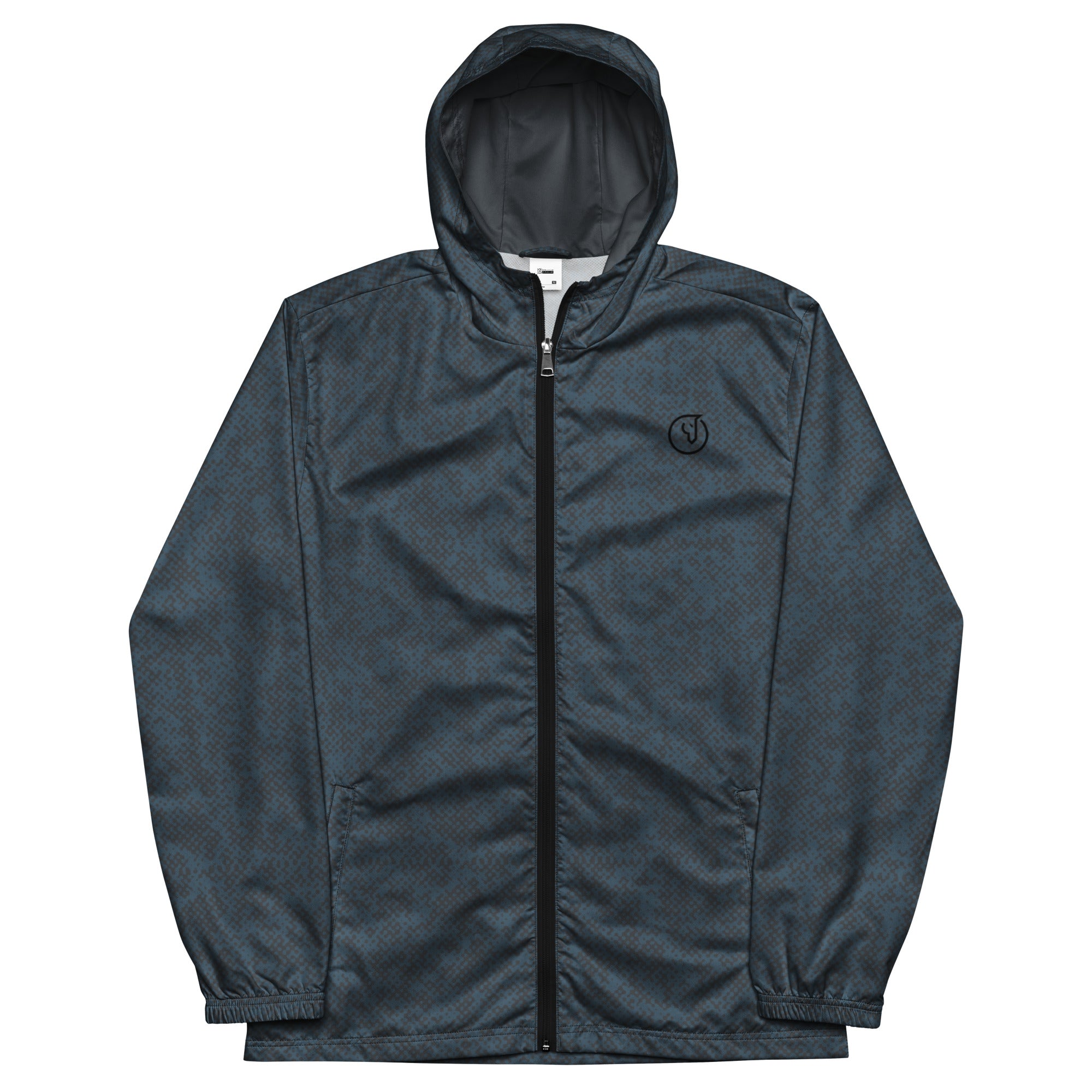 Navy blue hooded windbreaker jacket with a zipper on a white background