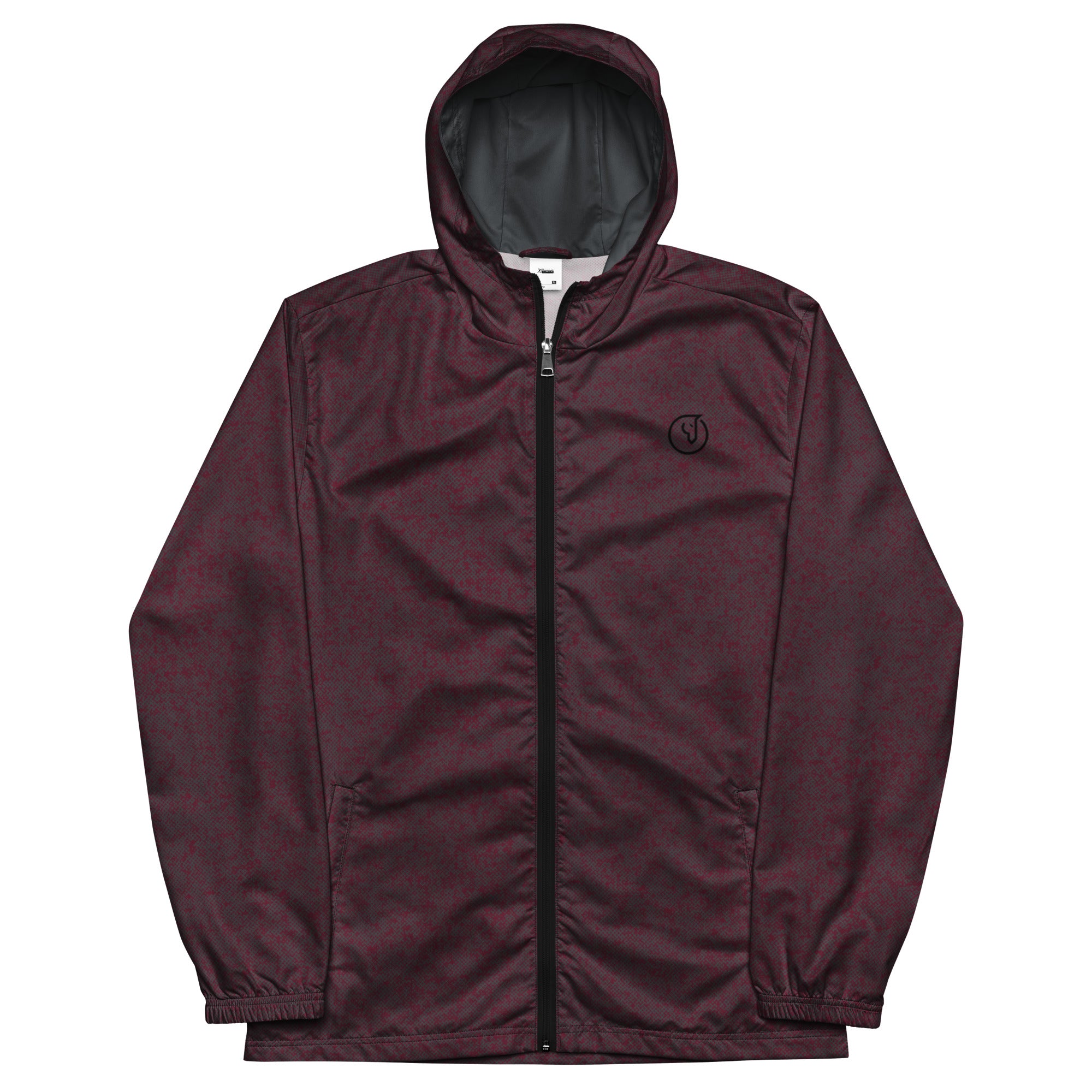Maroon windbreaker jacket with a hood on a white background