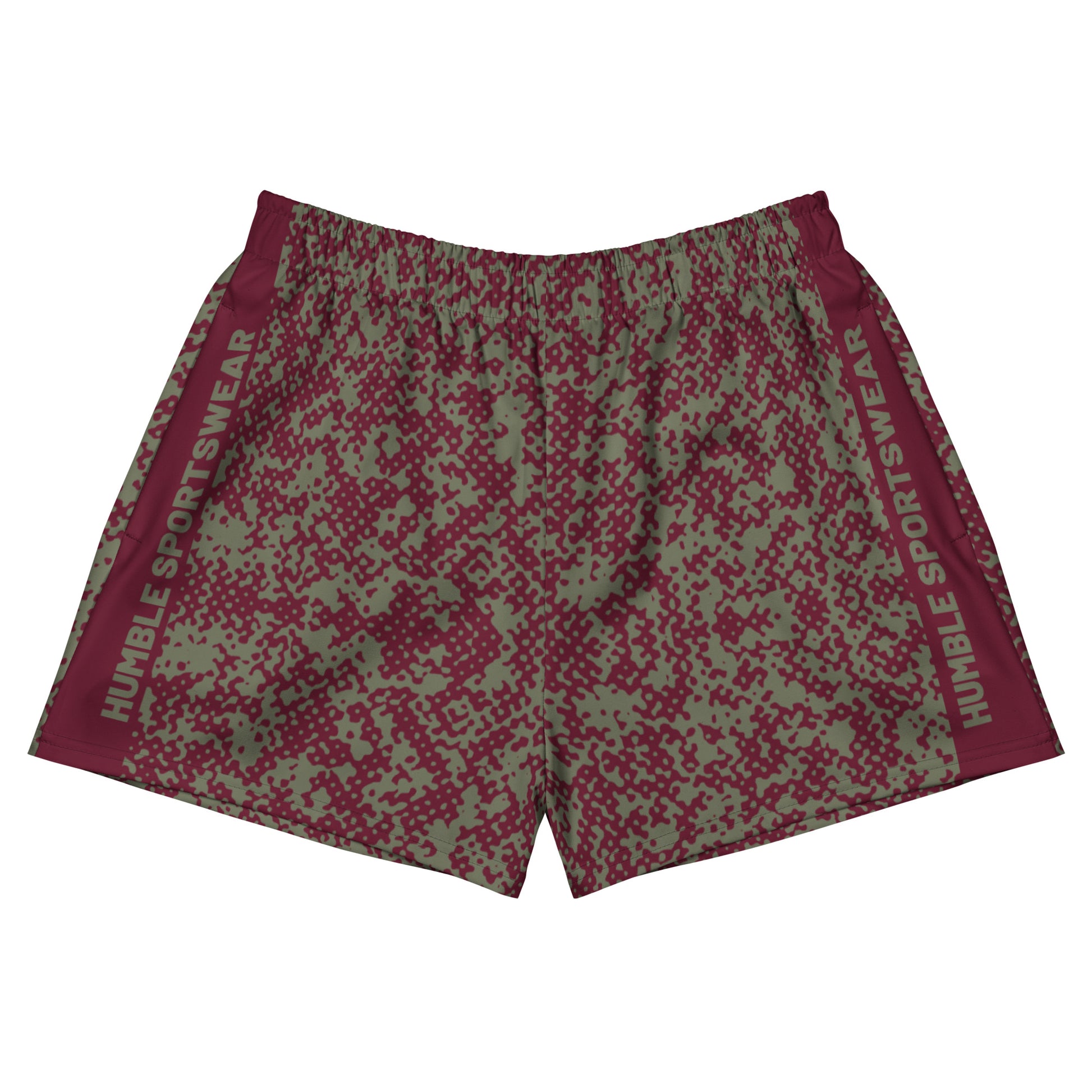 men's camo red athletic shorts front view 