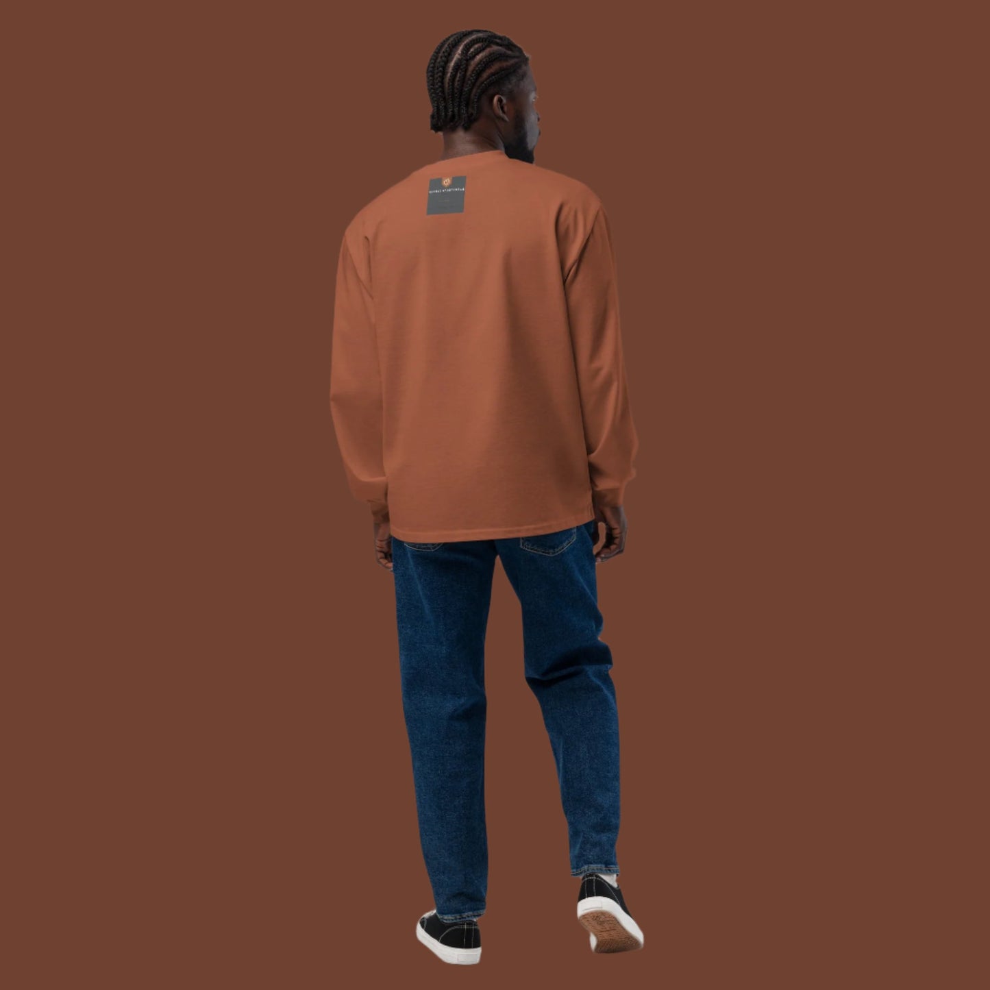 back view of men's cozy clay color fleece sweater